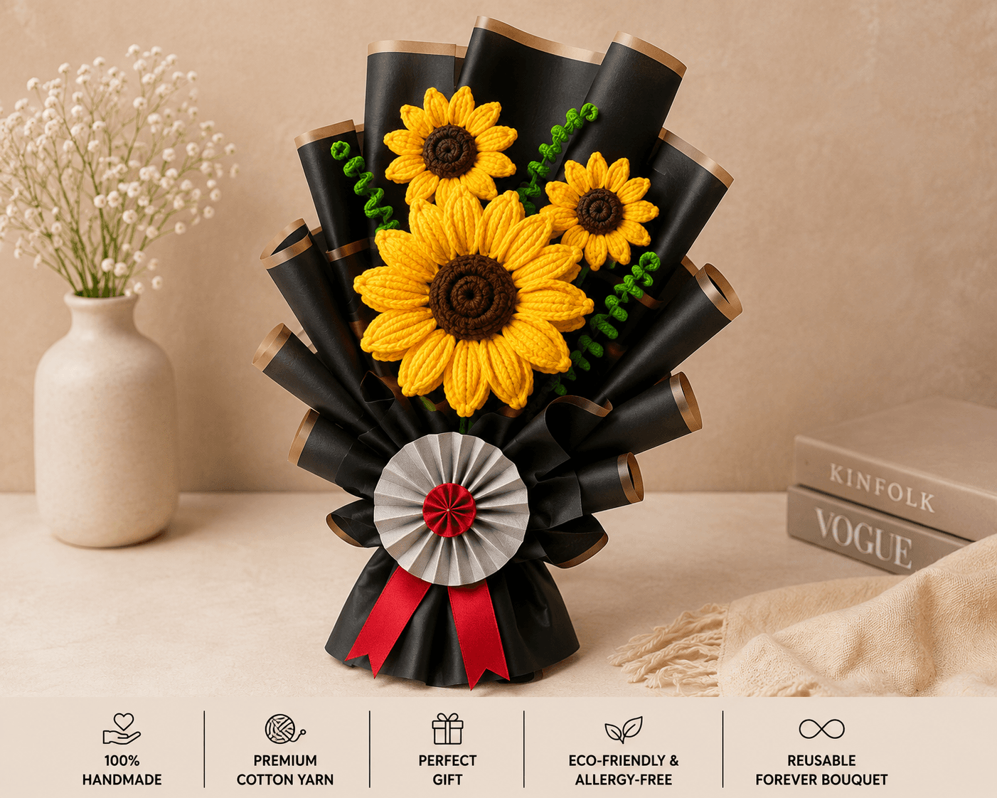 Handmade Crochet Sunflower Bouquet (3 Flowers)