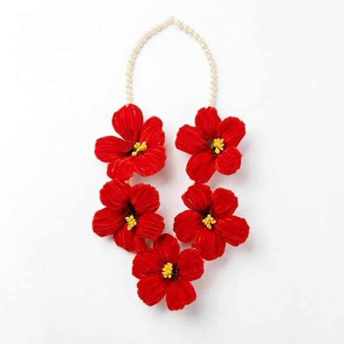 Pipe Cleaner Red Hibiscus (Jaswand) Flower Mala Washable – Reusable Handmade Garland for Ganpati, Pooja & Temple Décor